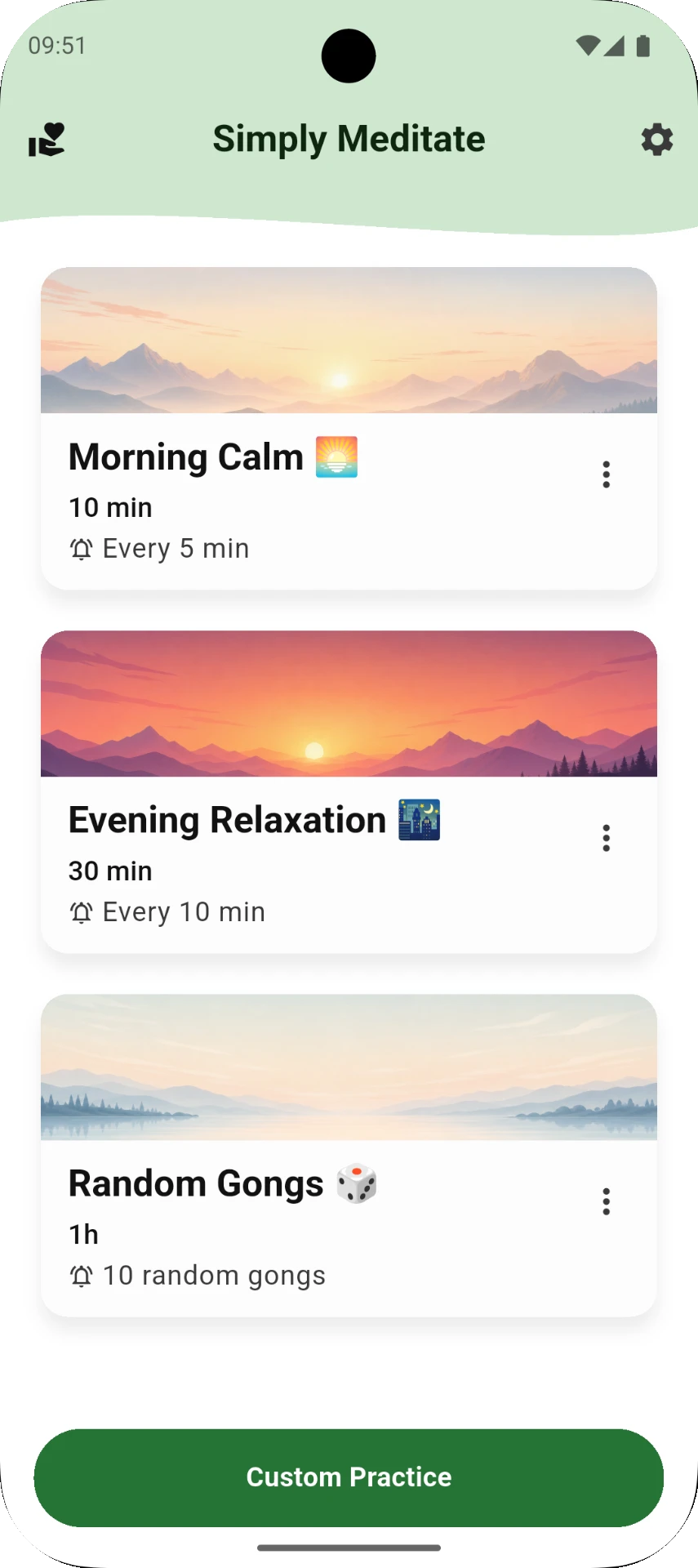 Simply Meditate home screen with Morning Calm, Evening Relaxation and Random Gongs practices